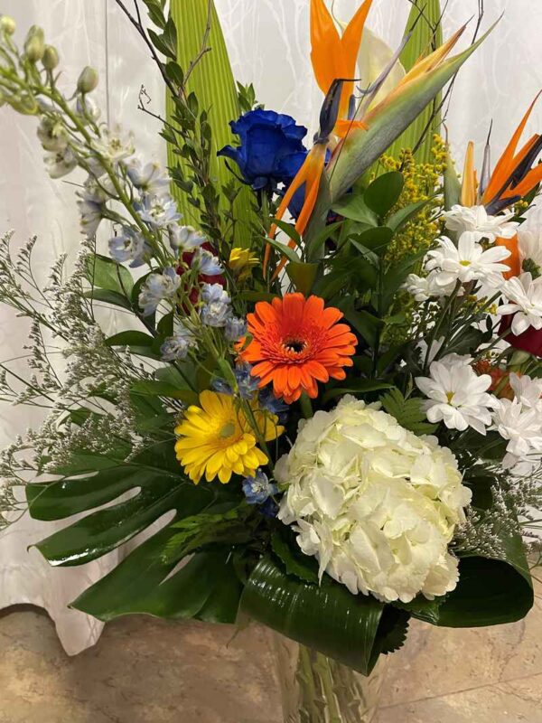 Hydrangée, gerbera, delphinium, rose, oiseau du paradis, marguerite